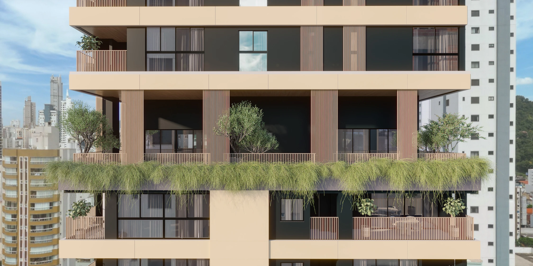 Fachada moderna de empreendimento da Construtora GA em Balneário Camboriú com varandas amplas, áreas verdes e design inovador.